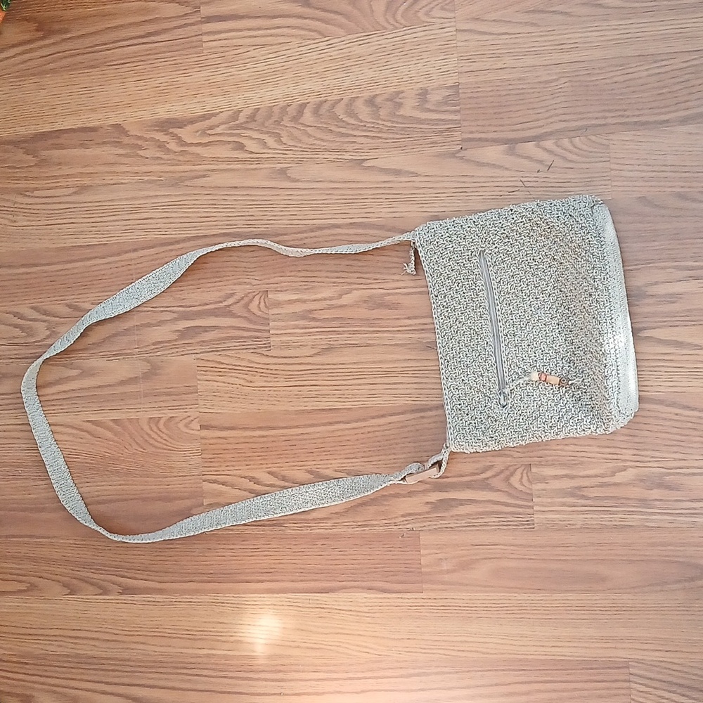 Liz Claiborne Crossbody Bag Women Small Beige‎ Crochet Knit Beaded Zip Messenger